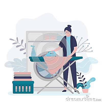 Housemaid ironing clothes on ironing board. Woman washed in washer and ironed textiles. Female character doing laundry Vector Illustration