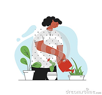 Houseplant care concept. Woman cultivate of indoor plants. Vector illustration Vector Illustration