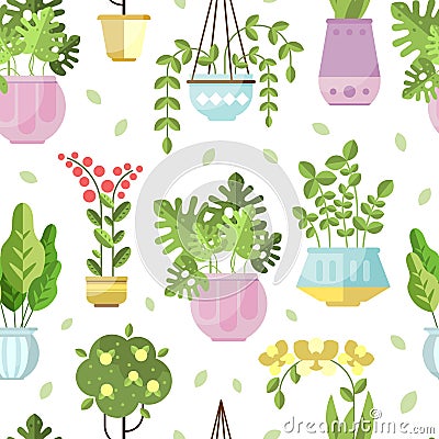 Houseplant in Ceramic Pots Growing Indoors Vector Seamless Pattern Template Vector Illustration
