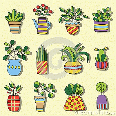 Houseplant doodles cute colorful vector set Vector Illustration