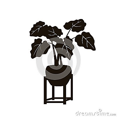 Houseplant elephants ear in a vintage pot stand Vector Illustration