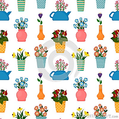 Houseplants in flowerpots seamless pattern. Vector Illustration