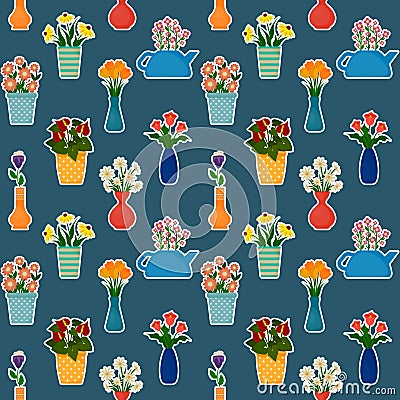 Houseplants in flowerpots seamless pattern. Vector Illustration