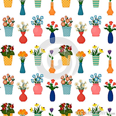 Houseplants and flowers in pots seamless pattern. Vector Illustration