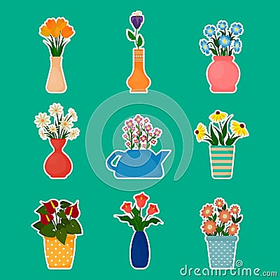 Houseplants and flowers in vases stickers. Vector Illustration