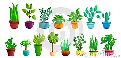 Houseplants icons set, cartoon style Vector Illustration