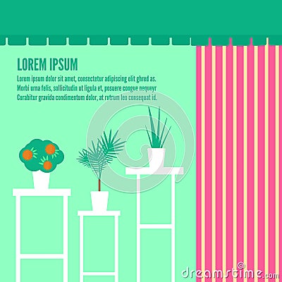 Houseplants in show-window of flower shop. Vector Illustration