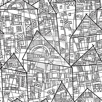 Vector seamless pattern with stylized houses in black and white Vector Illustration