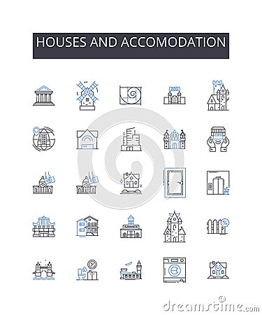 Houses and accomodation line icons collection. Residences, Dwellings, Homes, Apartments, Condos, Cottages, Bungalows Vector Illustration