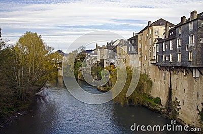 Houses along the Gave d'Aspe, before its junction with the Gave Stock Photo