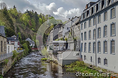 Houses along the Rur river, Monschau, Germany Stock Photo