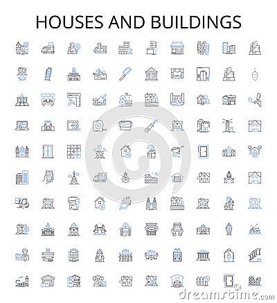 Houses and buildings outline icons collection. Homes, Dwellings, Abodes, Structures, Edifices, Mansions, Abbeys vector Vector Illustration