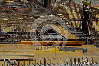 Houses built of reinforced steel concrete are earthquake resistant and can be several stories high. wire mesh is braided and poure Stock Photo