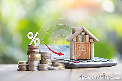 Houses and coins laying on a wooden table as a ladder with a white illustration showing a decrease in interest rates. plan savings Cartoon Illustration