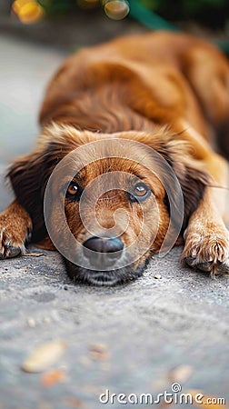 A houses concrete haven, a contented dark brown dog lounges Stock Photo