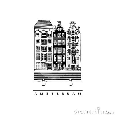 Houses on the Damrak Avenue, central street of Amsterdam, Netherlands. Vector illustration of European city Vector Illustration