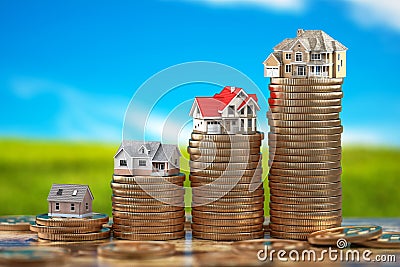 Houses of different size with on stacks of coins. Property, mortgage and real estate investment concept Cartoon Illustration