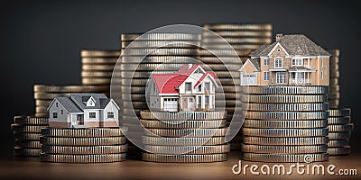 Houses of different size with different value on stacks of coins. Concept of property, mortgage and real estate investment Cartoon Illustration