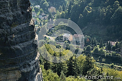 Houses of Dolni Zleb village viewed from Belveder prospect in Labske Piskovce tourist area in afternoon on 8th September 2018 Stock Photo