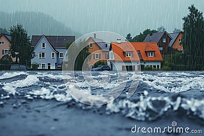 Houses engulfed in a torrential downpour amid a violent storm Stock Photo