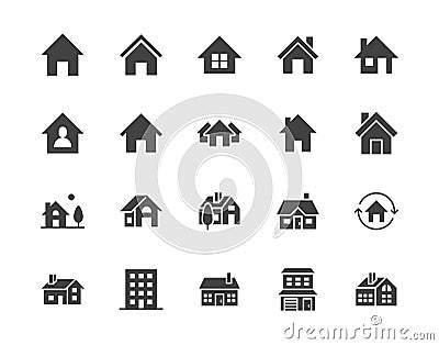 Houses flat glyph icons set. Home page button, residential building, country cottage, apartment vector illustrations Vector Illustration