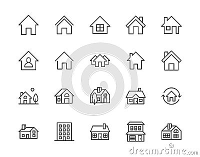 Houses flat line icons set. Home page button, residential building, country cottage, apartment vector illustrations Vector Illustration