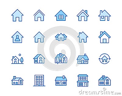 Houses flat line icons set. Home page button, residential building, country cottage, apartment vector illustrations Vector Illustration