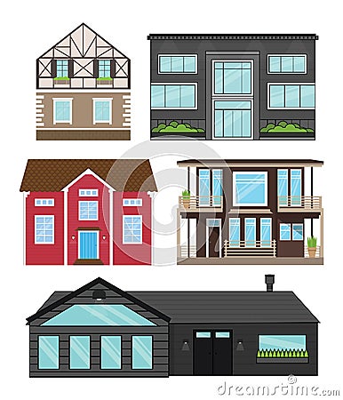 Houses in flat style isolated set. Modern apartments, country houses, tourist homes for booking, living and sale. Stock Photo