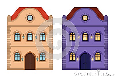 Houses. Flat style old european building. Colored drawing Vector Illustration