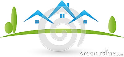 Houses and meadow, real estate agent and real estate logo Stock Photo
