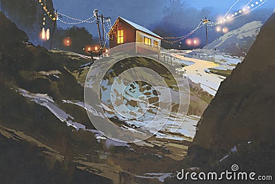 Houses in the mountain in winter Cartoon Illustration