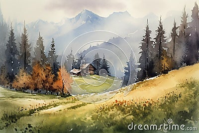 houses in the mountains - watercolor painting style. Illustration. Stock Photo