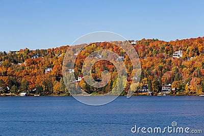Houses nestled in colourful fall foliage on the side of a mountain overlooking a lake Stock Photo