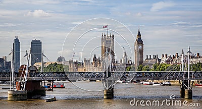 Houses of Parliament and Big Ben with the Hungerford and Golden Jubilee bridges in London, UK Editorial Stock Photo