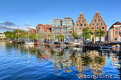 Houses reflection in Haarlem canals, Netherlands Stock Photo