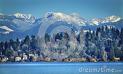 Houses Residential Neighborhoods Lake Washington Snow Capped Mountains Bellevue Washington Stock Photo