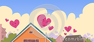 Houses Roof In Sky Red Heart Shape Love Symbol Valentines Day Banner Vector Illustration
