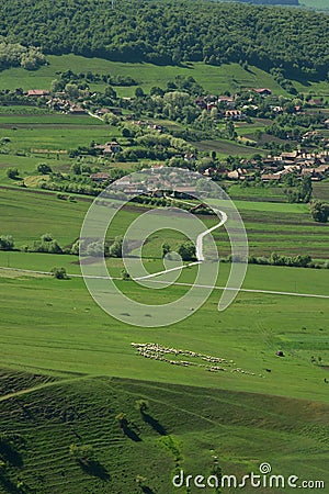 Houses seen from the top of the hill. spring time at the village Stock Photo