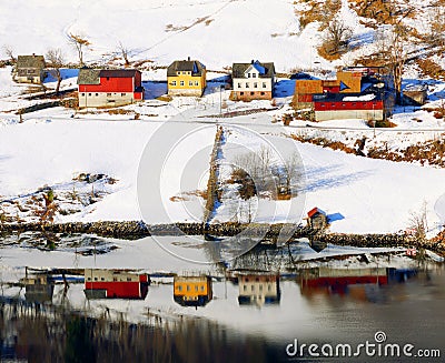 Houses on the shore of Sogne fjord in winter. Norway, Europe Stock Photo