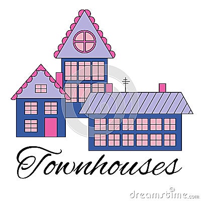 Houses on a street. Illustration of a city landscape with townhouse. Line style Vector Illustration