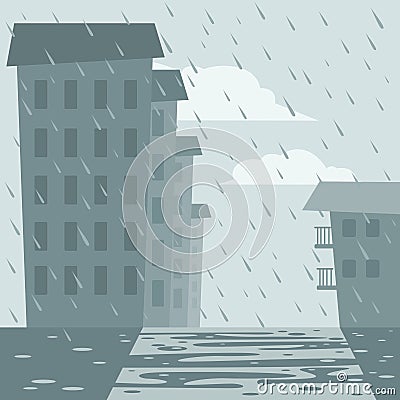 Houses and street in the rain Vector Illustration