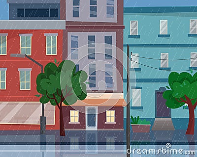 Houses on street with road in town. Rain in the city. Cityscape. Vector Illustration