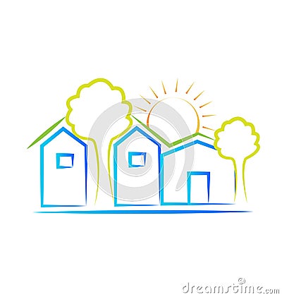 Houses sun and trees logo Vector Illustration