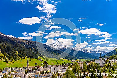 Houses in town village in Alps mountains, Davos, Graubuenden, S Stock Photo