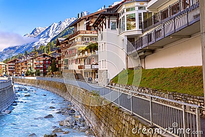 Houses in Zermatt alpine village, Switzerland Editorial Stock Photo