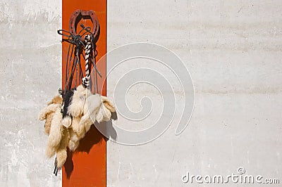 Houseshoe and woolen tails as a talisman for a good luck on the white wall with red line background Stock Photo