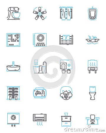 Housewares shop linear icons set. Kitchenware, Glassware, Cookware, Tableware, Cutlery, Bakeware, Utensils line vector Vector Illustration