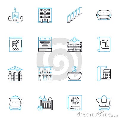 Housewares shop linear icons set. Kitchenware, Glassware, Cookware, Tableware, Cutlery, Bakeware, Utensils line vector Vector Illustration