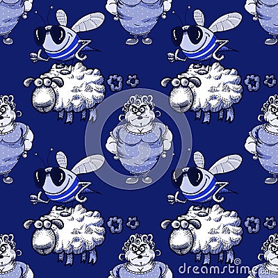 Housewife, bee and sheep seamless pattern Vector Illustration