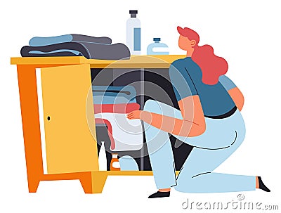 Housewife busy with housework, woman with clothes Vector Illustration
